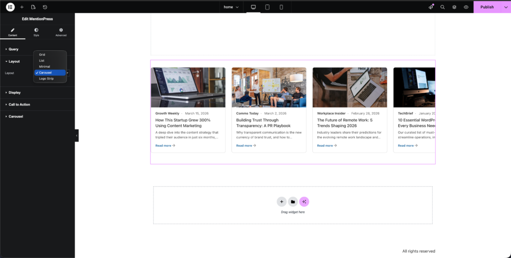 Elementor press mentions widget by MentionPress.