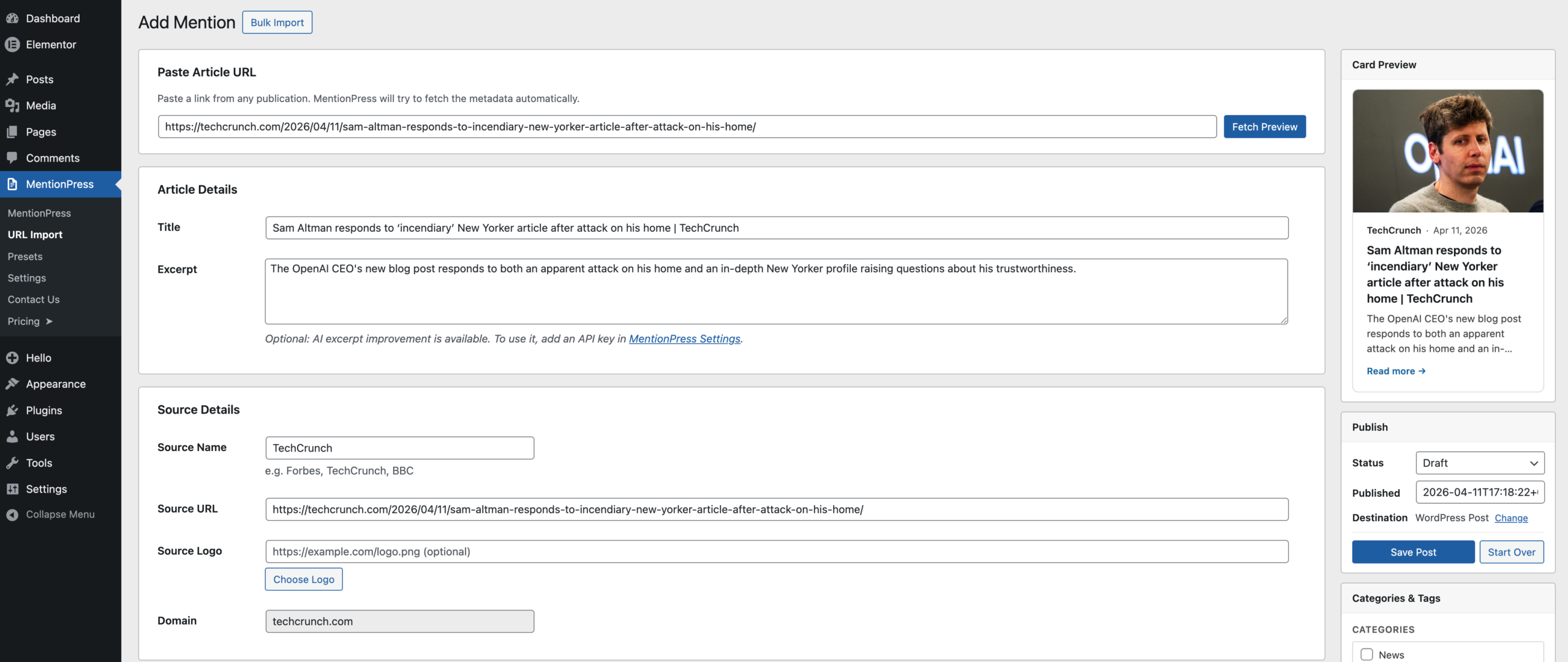 Importing auto metadata from URL using MentionPress.